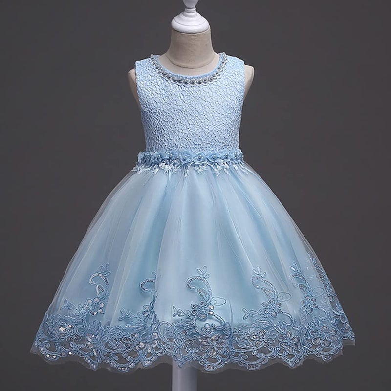 DreamHigh Flower Girl's Floral-Embroidered Pearl Embellished Evening Dress Up Sky Blue - 4Y - Image 3